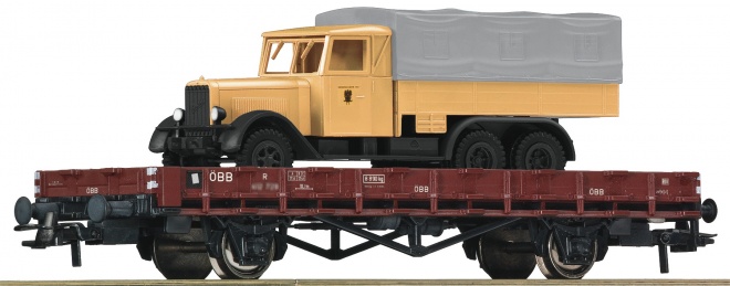 Flat car loaded with Mail truck Henschel<br /><a href='images/pictures/Roco/179199.jpg' target='_blank'>Full size image</a>